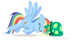 Size: 1050x600 | Tagged: safe, artist:dm29, imported from derpibooru, rainbow dash, tank, pegasus, pony, tortoise, duo, eyes closed, female, flying, mare, pushing, simple background, transparent background, vector