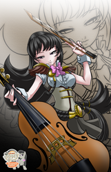 Size: 1033x1600 | Tagged: safe, artist:mauroz, imported from derpibooru, octavia melody, human, cello, female, humanized, lidded eyes, musical instrument, my little pony logo, solo