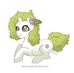 Size: 600x590 | Tagged: safe, artist:almairis, imported from derpibooru, plant pony, pony, shaymin, crossover, flower, flower in hair, genderless, land forme, pokémon, ponified, ponymon, prone, simple background, solo, transparent background