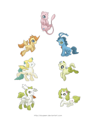 Size: 1280x1631 | Tagged: safe, artist:almairis, imported from derpibooru, celebi, jirachi, manaphy, mew, pony, shaymin, victini, crossover, genderless, land forme, legendary pokémon, pokémon, ponified, ponymon, simple background, sky forme, transparent background