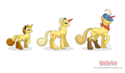 Size: 1280x746 | Tagged: safe, artist:almairis, imported from derpibooru, meowth, persian, unicorn, boots, colored horn, crossover, evolution chart, family, female, filly, foal, hat, male, mare, neckerchief, pokémon, ponymon, simple background, stallion, transparent background