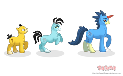 Size: 1280x796 | Tagged: safe, artist:almairis, imported from derpibooru, golduck, psyduck, unicorn, colored horn, colt, crossover, evolution chart, family, female, foal, male, mare, pokémon, ponymon, shiny, shiny pokémon, simple background, stallion, transparent background