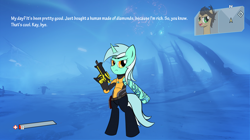 Size: 3000x1680 | Tagged: safe, artist:boumce, imported from derpibooru, lyra heartstrings, rarity, pony, bipedal, borderlands, borderlands 2, butt human, butt stallion, crossover, gun, handsome jack, ponified, weapon