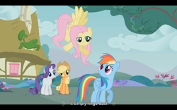 Size: 1024x640 | Tagged: safe, imported from derpibooru, screencap, applejack, fluttershy, rainbow dash, rarity, dragonshy, the beatles, youtube caption