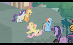 Size: 1024x640 | Tagged: safe, imported from derpibooru, screencap, applejack, fluttershy, rainbow dash, rarity, twilight sparkle, dragonshy, youtube caption