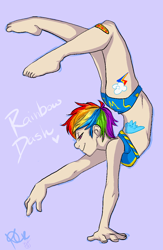 Size: 764x1170 | Tagged: safe, artist:collaredginger, artist:yeffyaboyuice, imported from derpibooru, rainbow dash, human, backbend, bikini, clothes, colored, contortionist, female, flexible, handstand, humanized, short hair, solo, swimsuit, upside down