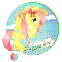 Size: 1500x1500 | Tagged: safe, artist:ino, imported from derpibooru, fluttershy, pegasus, pony, bow, flying, hair bow, hat, pixiv, straw hat, sun hat