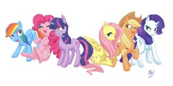 Size: 1022x513 | Tagged: safe, artist:kathrynlayno, imported from derpibooru, applejack, fluttershy, pinkie pie, rainbow dash, rarity, twilight sparkle, mane six