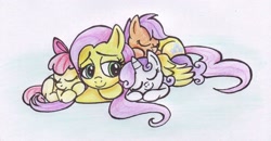 Size: 1792x931 | Tagged: safe, artist:ssstawa, imported from derpibooru, apple bloom, fluttershy, scootaloo, sweetie belle, cuddling, cute, cutie mark crusaders, sleeping, snuggling