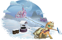 Size: 1625x1040 | Tagged: safe, artist:kittehkatbar, imported from derpibooru, applejack, pony, barrel, boots, clothes, female, mouth hold, scarf, shoes, simple background, snow, snow shovel, solo, sweet apple acres, transparent background, well, winter