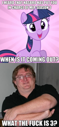 Size: 518x1116 | Tagged: safe, imported from derpibooru, twilight sparkle, human, pony, unicorn, season 3, crossed arms, female, gabe newell, glasses, irl, irl human, male, mare, photo, sunburst background, unicorn twilight, valve logic, vulgar, worth the weight