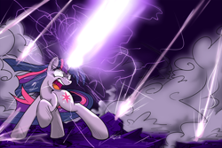 Size: 1800x1200 | Tagged: safe, artist:reiduran, imported from derpibooru, twilight sparkle, pony, unicorn, badass, energy blast, epic, female, fight, laser, magic, magic blast, mare, sharp teeth, solo, unicorn twilight