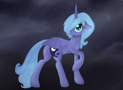 Size: 1856x1365 | Tagged: safe, artist:zokycha, deleted from derpibooru, imported from derpibooru, princess luna, hair over one eye, raised hoof, s1 luna, solo