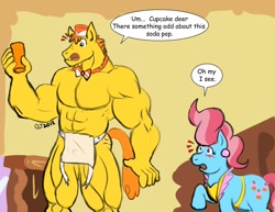 Size: 990x765 | Tagged: safe, artist:caseyljones, imported from derpibooru, carrot cake, cup cake, anthro, earth pony, pony, abs, apron, bare chest, beef cake, blushing, carrot cup, clothes, female, grammar error, implied transformation, male, mare, muscles, muscular male, open mouth, overdeveloped muscles, partial nudity, pony to anthro, raised hoof, shipping, straight, topless, wide eyes