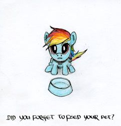 Size: 500x518 | Tagged: safe, artist:el-yeguero, imported from derpibooru, rainbow dash, pony, bowl, feeding, female, food bowl, hungry, looking at you, looking up, looking up at you, pet, solo