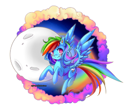 Size: 1000x846 | Tagged: safe, artist:night-tyan, imported from derpibooru, rainbow dash, pegasus, pony, cloud, colored pupils, ear fluff, female, full moon, mare, moon, solo, spread wings, wings