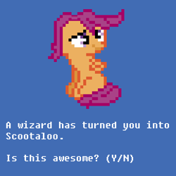 Size: 480x480 | Tagged: safe, imported from derpibooru, scootaloo, pony, female, meta, pixel art, solo, text