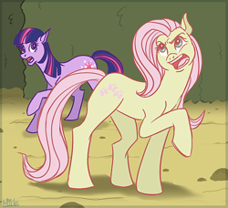 Size: 660x602 | Tagged: safe, artist:duckprince, imported from derpibooru, fluttershy, twilight sparkle, pegasus, pony, unicorn, discorded, female, flutterbitch, mare, open mouth, unicorn twilight, wingless