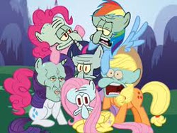 Size: 260x194 | Tagged: safe, imported from derpibooru, applejack, fluttershy, pinkie pie, rainbow dash, rarity, twilight sparkle, cult of squidward, handsome squidward, mane six, mane six opening poses, picture for breezies, spongebob squarepants, squidward tentacles, wat