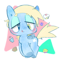 Size: 740x765 | Tagged: safe, artist:boyan, imported from derpibooru, derpy hooves, pegasus, pony, abstract background, blushing, chibi, cupcake, cute, derpabetes, female, food, lidded eyes, mare, muffin, pixiv, solo, tongue out