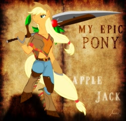 Size: 703x671 | Tagged: safe, artist:ryuukiba, imported from derpibooru, applejack, anthro, clothes, my epic pony, sword, weapon