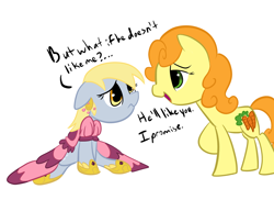 Size: 2338x1700 | Tagged: safe, artist:tess, imported from derpibooru, carrot top, derpy hooves, golden harvest, pegasus, pony, clothes, dress, female, mare