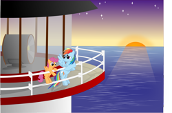 Size: 3058x2010 | Tagged: safe, artist:crimsonlynx97, imported from derpibooru, rainbow dash, scootaloo, pegasus, pony, bipedal, bipedal leaning, blank flank, evening, female, filly, foal, high res, leaning, lighthouse, mare, ocean, open mouth, railing, scootalove, stars, sunset, water