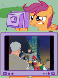 Size: 563x752 | Tagged: safe, imported from derpibooru, scootaloo, pony, 60s batman, abuse, adam west, animaniacs, batman, chicken boo, exploitable meme, meme, overused joke, overused meme, robin, scootabuse, scootachicken, scootaloo is not amused, tv meme, unamused