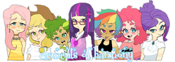 Size: 1280x455 | Tagged: safe, artist:tokimekiwaku, imported from derpibooru, applejack, fluttershy, pinkie pie, rainbow dash, rarity, spike, twilight sparkle, blushing, clothes, glasses, humanized, jewelry, mane seven, mane six, sweater, tan lines, thick eyebrows