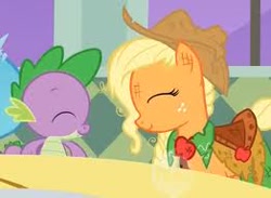 Size: 262x192 | Tagged: safe, imported from derpibooru, screencap, applejack, spike, the best night ever, clothes, dress, gala dress