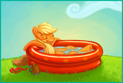 Size: 953x646 | Tagged: safe, artist:wizardwannabe, imported from derpibooru, applejack, earth pony, pony, cloud, cowboy hat, cute, eyes closed, featured image, female, freckles, hat, jackabetes, kiddie pool, loose hair, mare, mug, relaxing, smiling, solo, straw, swimming pool, water