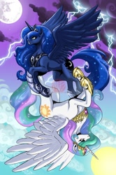 Size: 600x901 | Tagged: safe, artist:kaijusamurai, imported from derpibooru, princess celestia, princess luna, contrast, duo, lightning, moon, sisters