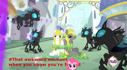 Size: 829x456 | Tagged: safe, edit, edited screencap, imported from derpibooru, screencap, pinkie pie, changeling, pony, bound, caption, hub logo, male, royal guard, semi-vulgar, stallion