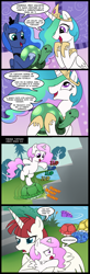 Size: 656x2000 | Tagged: safe, artist:madmax, imported from derpibooru, princess celestia, princess luna, oc, oc:fausticorn, turtle, cewestia, comic, female, filly, lauren faust, pink-mane celestia, spanish, translation, younger