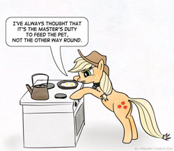 Size: 500x436 | Tagged: safe, artist:el-yeguero, imported from derpibooru, applejack, earth pony, pony, collar, cooking, egg (food), female, food, mare, pet, pet play, stove