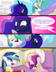 Size: 1100x1424 | Tagged: safe, artist:dazed-and-wandering, imported from derpibooru, princess cadance, princess celestia, princess luna, shining armor, alicorn, pony, unicorn, comic, honeymoon, sleeping, spanish, translation, zzz