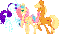 Size: 1003x582 | Tagged: safe, artist:spiderishdrawsmostlyponies, imported from derpibooru, applejack, fluttershy, rarity, earth pony, pegasus, pony, unicorn, appleshy, bow, brushting, colored pupils, eyes closed, female, flarijack, flarity, hair bow, hairbrush, lesbian, levitation, looking back, magic, mare, missing accessory, mouth hold, ot3, polyamory, raised hoof, rarijack, shipping, simple background, tail bite, telekinesis, trio, trio female, white background