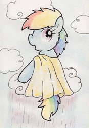 Size: 731x1053 | Tagged: safe, artist:slightlyshade, imported from derpibooru, rainbow dash, pony, cape, clothes, cloud, cloudy, cute, dashabetes, female, fluffy, looking back, open mouth, rain, raincloud, smiling, solo, traditional art