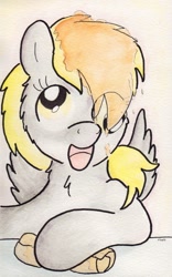 Size: 734x1173 | Tagged: safe, artist:slightlyshade, imported from derpibooru, derpy hooves, pegasus, pony, female, mare, pancakes, solo, traditional art