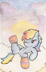 Size: 744x1158 | Tagged: safe, artist:slightlyshade, imported from derpibooru, rainbow dash, pony, chest fluff, clothes, cloud, cloudy, female, fluffy, on back, socks, solo, striped socks, traditional art