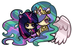 Size: 1000x665 | Tagged: safe, artist:nekozneko, imported from derpibooru, princess celestia, twilight sparkle, human, chibi, eared humanization, horned humanization, humanized, simple background, winged humanization