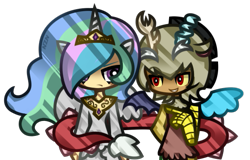 Size: 603x385 | Tagged: safe, artist:nekozneko, imported from derpibooru, discord, princess celestia, human, chibi, dislestia, eared humanization, female, humanized, male, shipping, simple background, straight, tail wrap, tailed humanization, transparent background