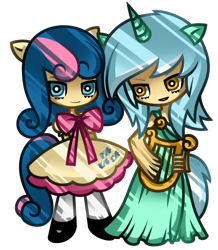 Size: 715x819 | Tagged: safe, artist:nekozneko, imported from derpibooru, bon bon, lyra heartstrings, sweetie drops, human, chibi, eared humanization, female, horned humanization, humanized, lesbian, lyrabon, lyre, shipping, simple background, tailed humanization