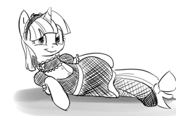 Size: 1024x676 | Tagged: safe, artist:nasse, imported from derpibooru, oc, oc only, clothes, fishnets, maid