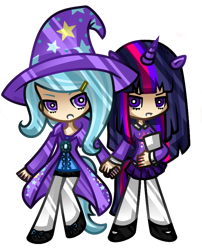 Size: 640x792 | Tagged: safe, artist:nekozneko, imported from derpibooru, trixie, twilight sparkle, human, chibi, clothes, eared humanization, female, holding hands, horned humanization, humanized, lesbian, shipping, simple background, skirt, tailed humanization, twixie