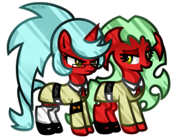 Size: 633x512 | Tagged: safe, artist:nekozneko, imported from derpibooru, demon, demon pony, earth pony, pony, unicorn, daemon kneesocks, daemon scanty, kneesocks, panty and stocking with garterbelt, ponified, scanty