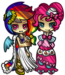 Size: 700x800 | Tagged: safe, artist:nekozneko, imported from derpibooru, pinkie pie, rainbow dash, human, chibi, clothes, dress, gala, gala dress, humanized, simple background, transparent background, winged humanization