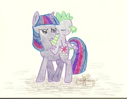 Size: 1880x1464 | Tagged: safe, artist:hahasauce, imported from derpibooru, spike, twilight sparkle, riding, spike riding twilight, traditional art