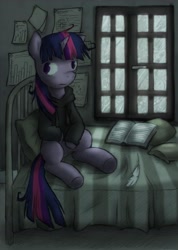 Size: 2473x3469 | Tagged: safe, artist:lonelycross, imported from derpibooru, twilight sparkle, pony, unicorn, bed, bedroom, book, clothes, female, high res, hoodie, nine inch nails, quill, sitting, solo, sweater, tired