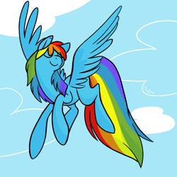 Size: 900x900 | Tagged: safe, artist:chop4, imported from derpibooru, rainbow dash, pegasus, pony, eyes closed, female, flying, mare, smiling, solo, spread wings, wings